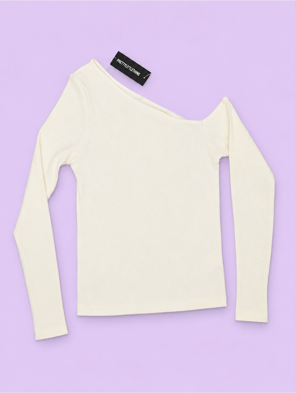PrettyLittleThing Cream Off-Shoulder Ribbed Long Sleeve Top